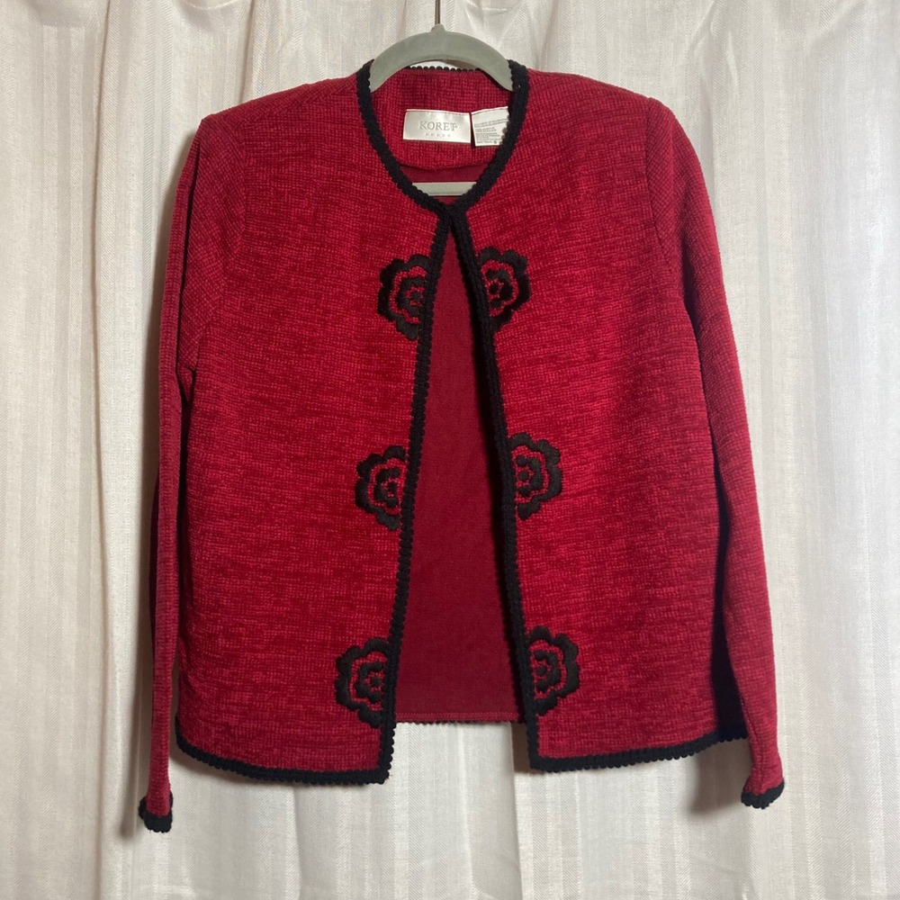 Koret Dress Red Texture Cardigan Sweater Black Floral Embroidery S Vintage Style
